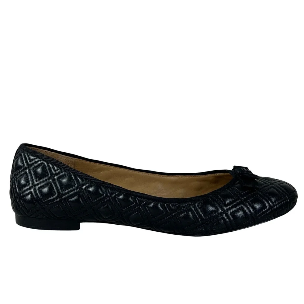 Tory Burch Marion Quilted Ballet Flats Black Nappa Leather Bow 9.5M 43080